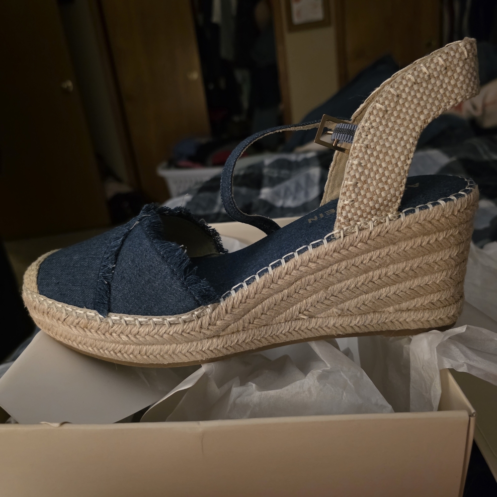 Anne Klein Denim Blue Espadrille Wedge Sandals